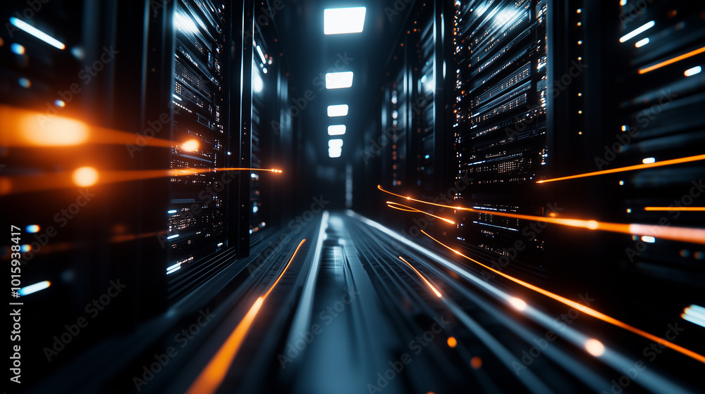 Aufkleber a futuristic telecommunication cluster in a darkened room, where glowing lines of data travel betwee