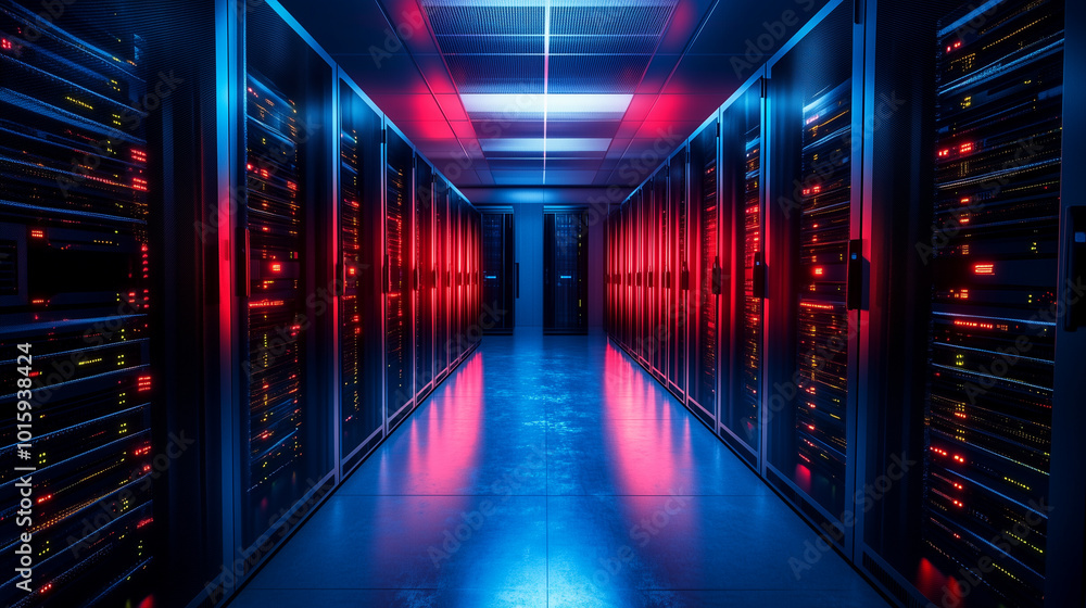 Poster a futuristic telecommunication cluster in a darkened room, where glowing lines of data travel betwee