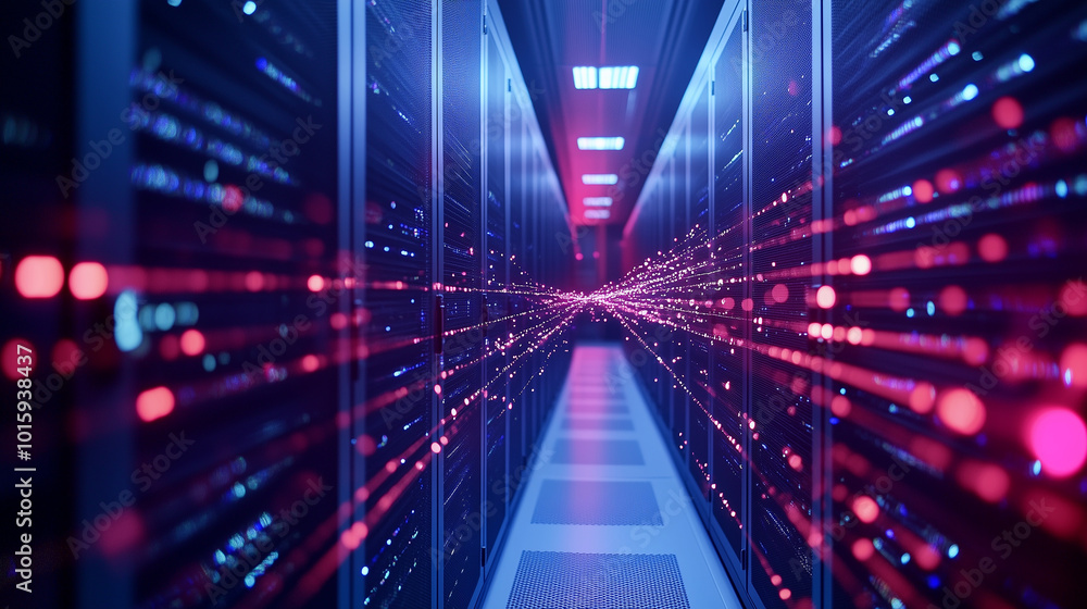 Poster a close-up of server racks in a high-tech data center, their leds blinking, while streams of light d