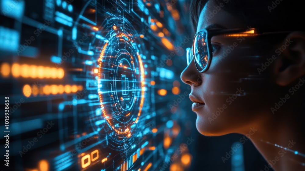Poster woman looking at futuristic interface with digital data and code