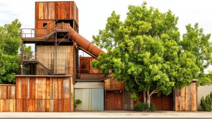 Rusty Industrial Building with Green Trees and Metal Pipe - Powered by Adobe