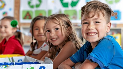 Obraz premium A close-up of a diverse group of children learning about recycling, with a well-lit classroom featuring colorful educational posters
