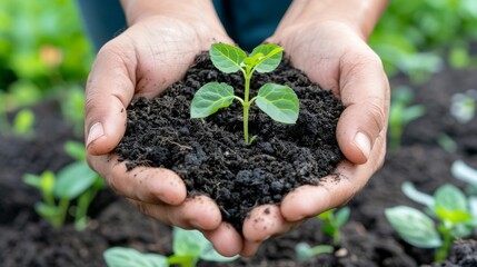 A close-up of a set of hands holding soil, with small green seedlings emerging