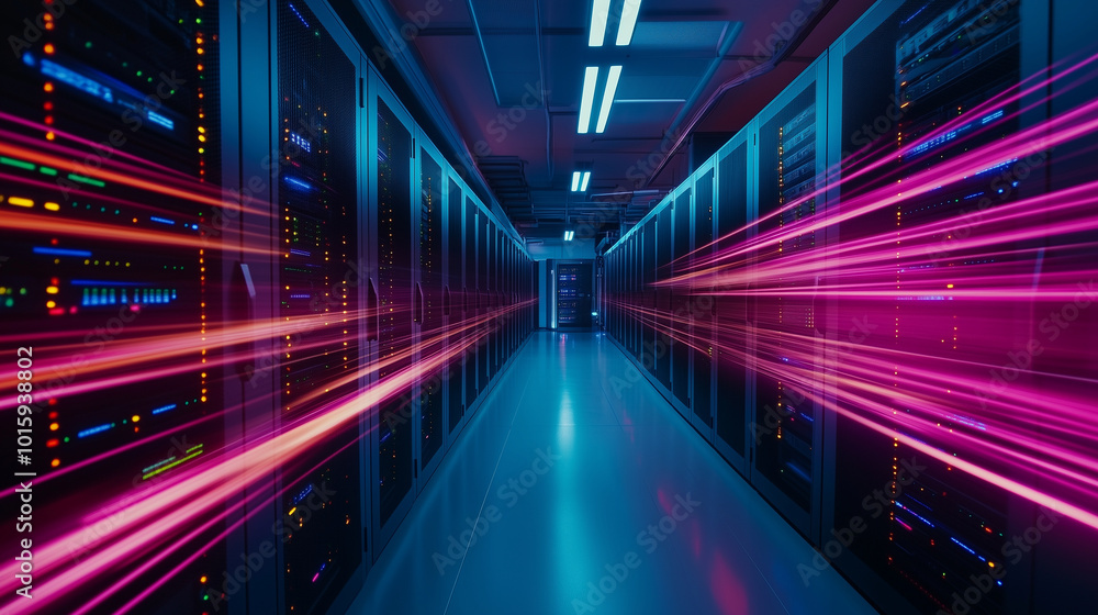 Aufkleber a telecommunication cluster in a dimly lit room, with data flowing between rows of servers as vibran