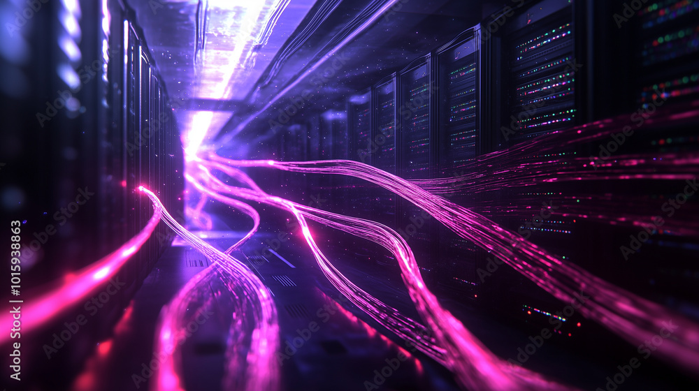 Poster an underground data center filled with glowing cables and flickering lights, where streams of light 