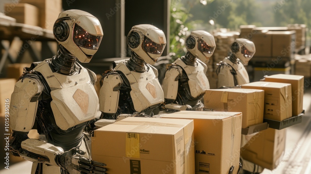 Aufkleber futuristic robots working in a warehouse with cardboard boxes