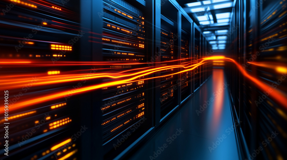 Aufkleber data represented as glowing lines moving through racks of servers in a state-of-the-art data center,
