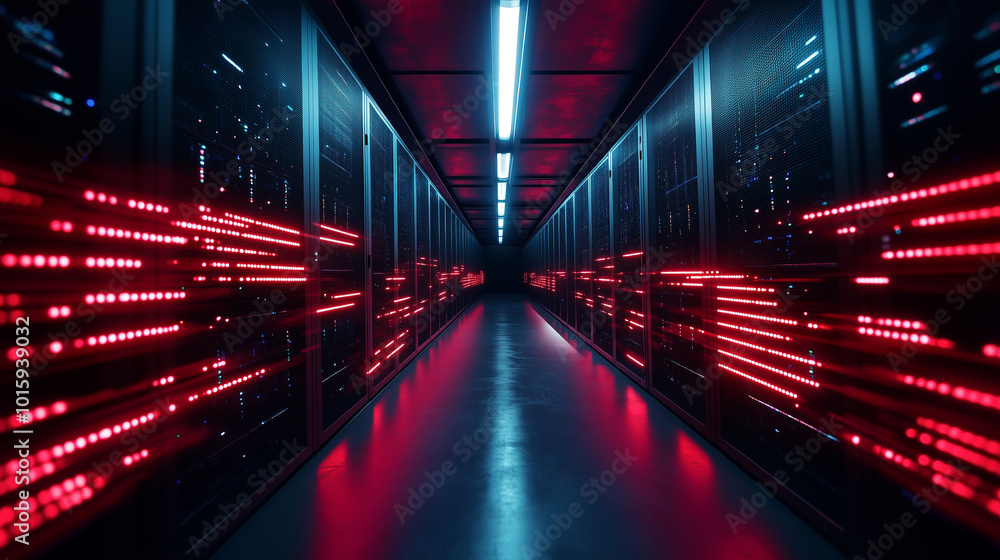 Poster a futuristic, ultra-modern data center where servers are connected by glowing lines of data, illumin