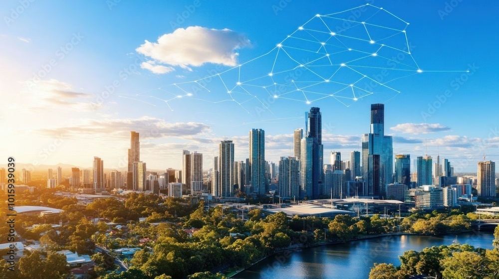Poster modern cityscape with network connection and river