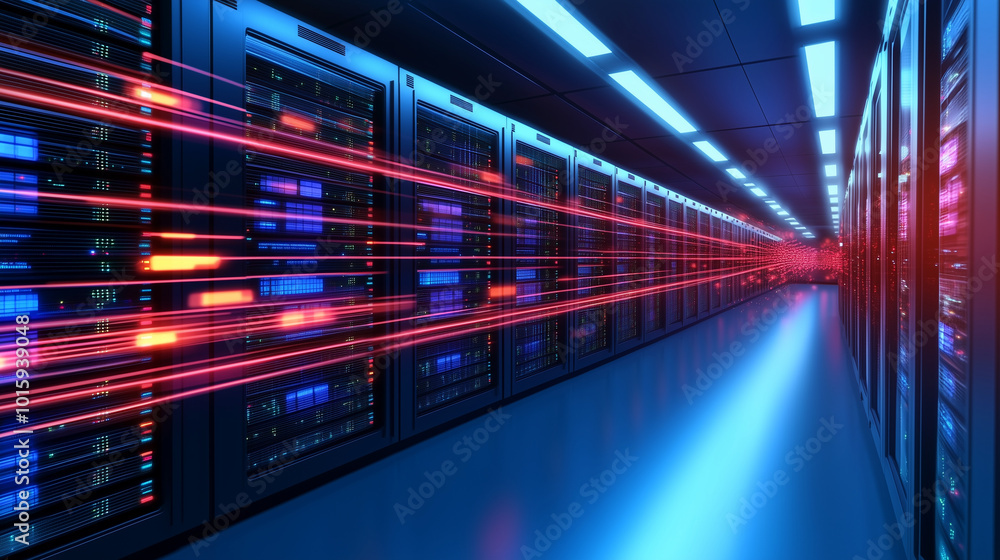 Poster data represented as glowing lines moving through racks of servers in a state-of-the-art data center,