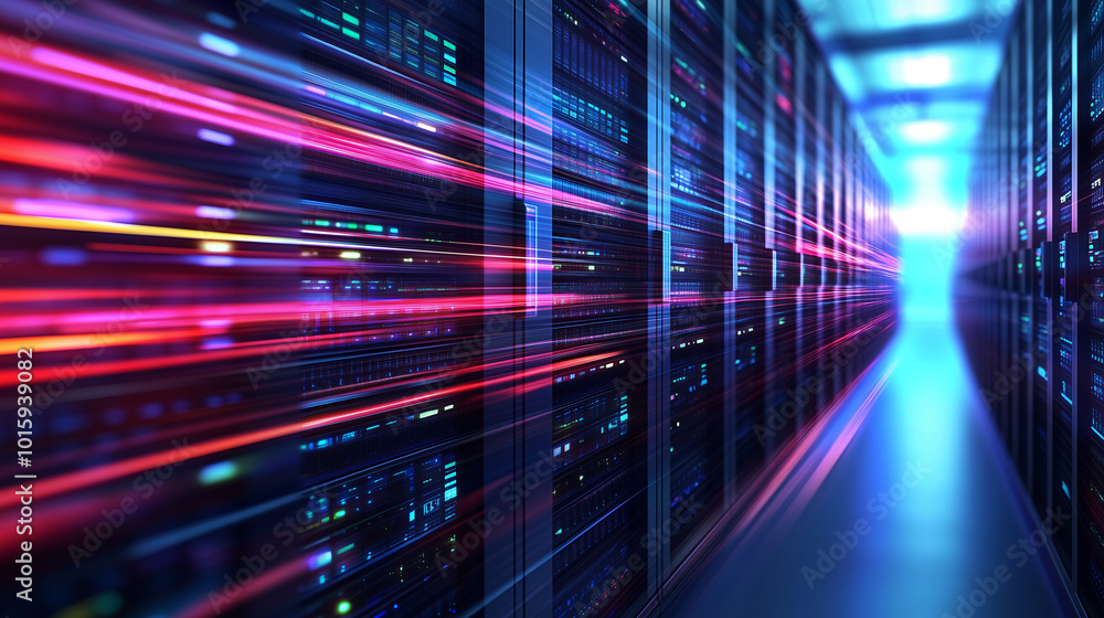 Poster data represented as glowing lines moving through racks of servers in a state-of-the-art data center,