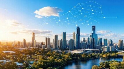 Fototapeta premium Modern Cityscape with Network Connection and River