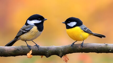 Obraz premium Two small black-capped birds with yellow and white markings perching on a twig with a blurred autumn background.