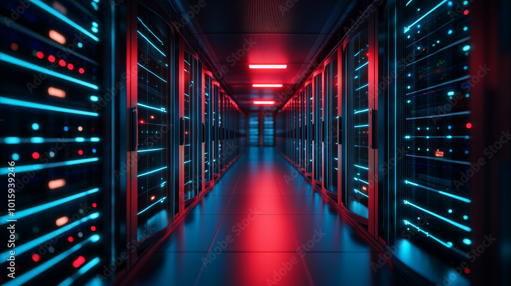 Poster a vast data center where streams of neon light represent the flow of information between server clus