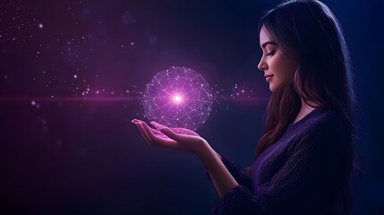 Naklejka premium Woman holding glowing sphere with network connections
