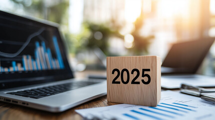 The wooden cube reading "2025" standing next to an upward graph chart, surrounded by business reports and laptops, representing future goals and strategic business planning for suc