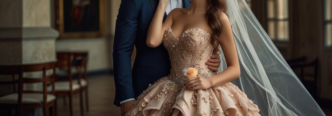 A couple shares a loving moment in an elegant indoor setting, the bride in a stunning embellished gown and the groom in a classic suit