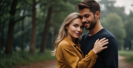 Naklejka premium A couple enjoys a tender moment while embracing in a lush green park during a serene afternoon