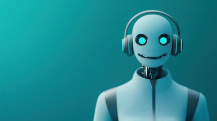 Friendly Robot with Headphones on Turquoise Background