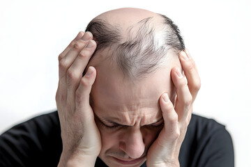 Fototapeta premium Bald man or woman worry about his or her less hairline on white background isolated