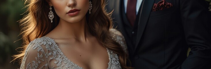 Elegant couple poses together in formal attire during a golden hour outdoor event in a lush garden