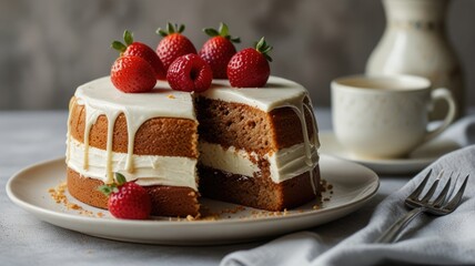 A delicious strawberry layer cake with cream frosting served on a plate, accompanied by coffee on a table setting
