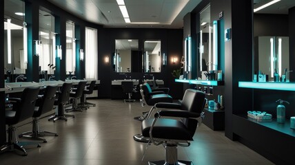 A modern hair salon interior featuring stylish chairs and vibrant lighting