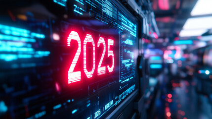 The number "2025" glowing on a space station screen, representing human achievements in space exploration and technological breakthroughs for the future.
