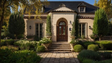 Obraz premium A charming home surrounded by lush greenery and vibrant gardens in a serene neighborhood during daylight