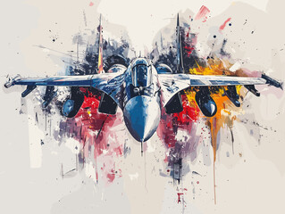 A fighter jet is painted in a very detailed and realistic manner. Concept of power and strength, as the jet is the main focus of the painting. The use of bold colors