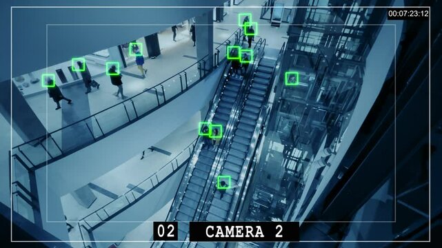Surveillance camera interface that scans people's faces in a public place. Monitoring people, controlled by artificial intelligence. CCTV urban surveillance, AI for facial recognition, crowd tracking.