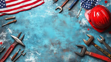 Create a vibrant and celebratory background for Labor Day USA, featuring symbols of hard work and unity like tools, American flags, and festive decorations