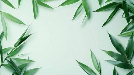 Naklejka premium Bamboo green leaves frame empty center copy space solid background