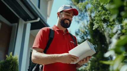 A man in a delivery service uniform standing at a customerâs doorstep, holding a package while the happy recipient smiles and signs off on a digital device.
