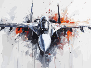 A fighter jet is painted in a very detailed and realistic manner. Concept of power and strength, as the jet is the main focus of the painting. The use of bold colors