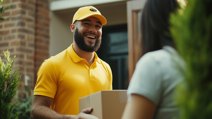 A man in a bright yellow courier uniform holding a box, greeted by a customer with a beaming smile at their front door, as they exchange thanks for the prompt delivery.