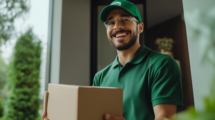 A cheerful courier in a green uniform holding a medium-sized package, standing at the door of a modern home, greeted by a customer with a wide smile as they accept their delivery.