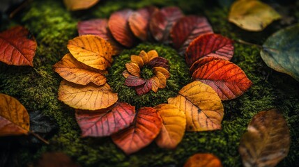 A close-up of a spiral of vibrant autumn leaves, arranged in a perfect circle on a mossy forest floor, illuminated by soft sunlight