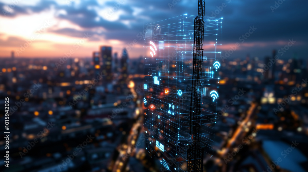 Poster a glowing 5g signal tower in the heart of a smart city, with interconnected nodes representing the f