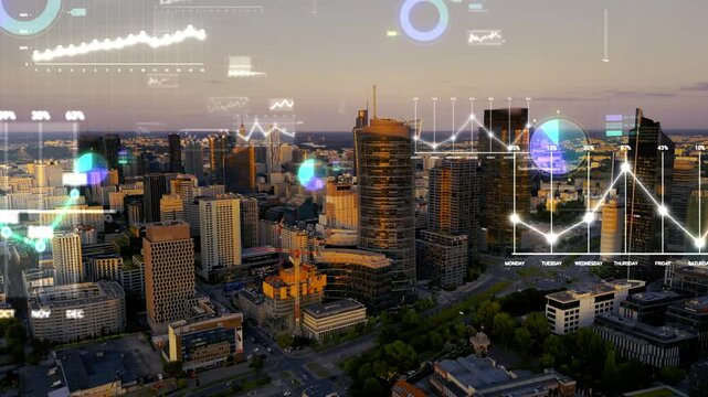 Data processing and charts on smart city. The modern city and data processing technology. Digital transformation with motion graphics elements. Animated graphics overlaid on a view of downtown, 4k.  - Powered by Adobe