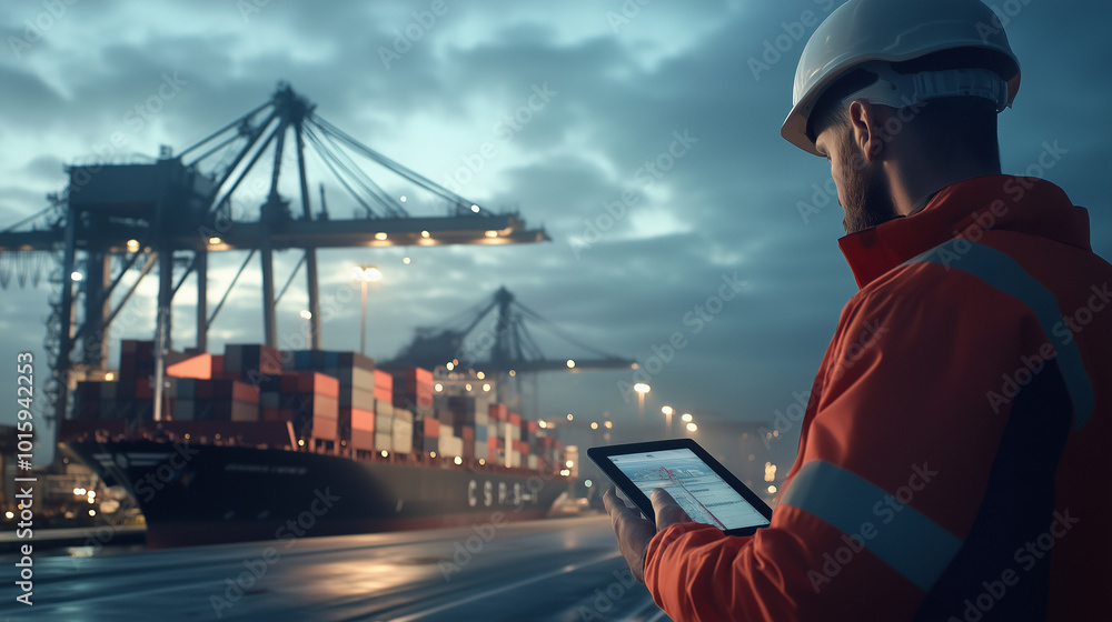 Poster a cargo port worker using a tablet to monitor the loading of shipping containers onto a large vessel