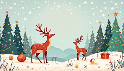New Year card with deer and fir trees wishing happy holidays, ai generated, ai
