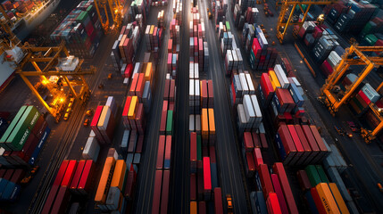 Obraz premium An aerial view of a modern cargo port, with colorful shipping containers stacked high, as port workers use cranes to load goods onto a waiting cargo ship.