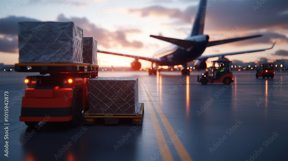 Poster an airport logistics team working together to load a plane with international cargo, while forklifts