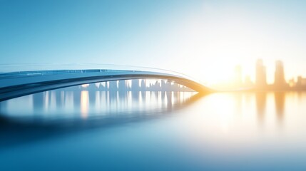 Obraz premium A floating pedestrian bridge made of transparent materials, curving gracefully over a calm river, with futuristic city buildings reflecting in the water