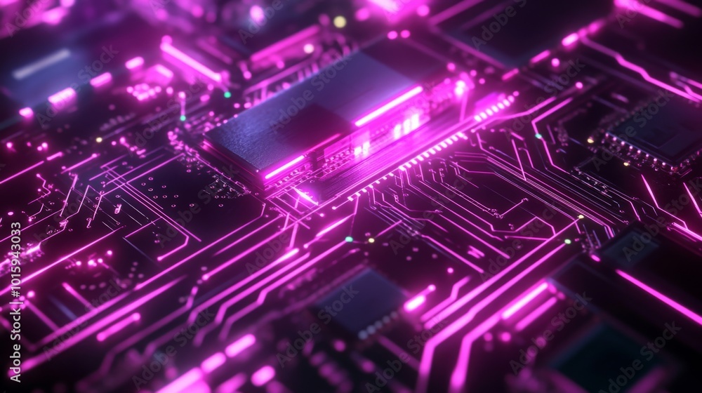 Poster close-up of a glowing pink circuit board with a central processor.