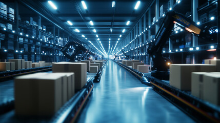 Inside a high-tech logistics warehouse, with robotic arms sorting packages and workers using digital devices to track shipments.