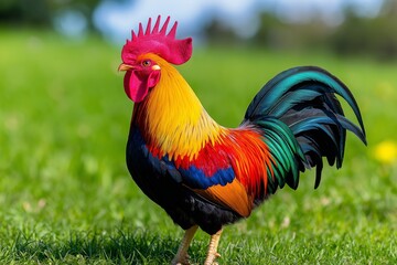 Fototapeta premium Colorful rooster standing in a green field. The rooster has a black head and a red and yellow body. Colorful Rooster Standing Proudly in a Sunny Farmyard Setting with Lush Green Grass and Blue Sky