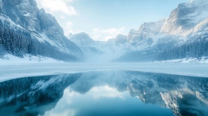 Fototapeta premium A frozen lake in the heart of a mountain range, framed by jagged snowy peaks, reflecting the stunning natural beauty of the winter landscape