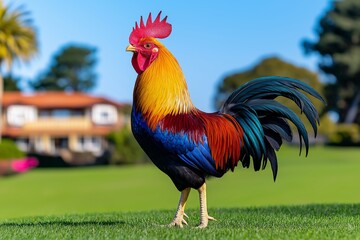 Colorful rooster standing in a green field. The rooster has a black head and a red and yellow body. Colorful Rooster Standing Proudly in a Sunny Farmyard Setting with Lush Green Grass and Blue Sky